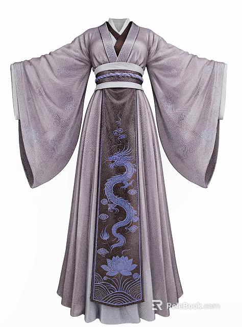 Elegant Chinese Traditional Robe in Purple and Gray with Blue Dragon Pattern and Wide Sleeves 3d model 