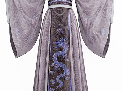 Elegant Chinese Traditional Robe in Purple and Gray with Blue Dragon Pattern and Wide Sleeves 3d model