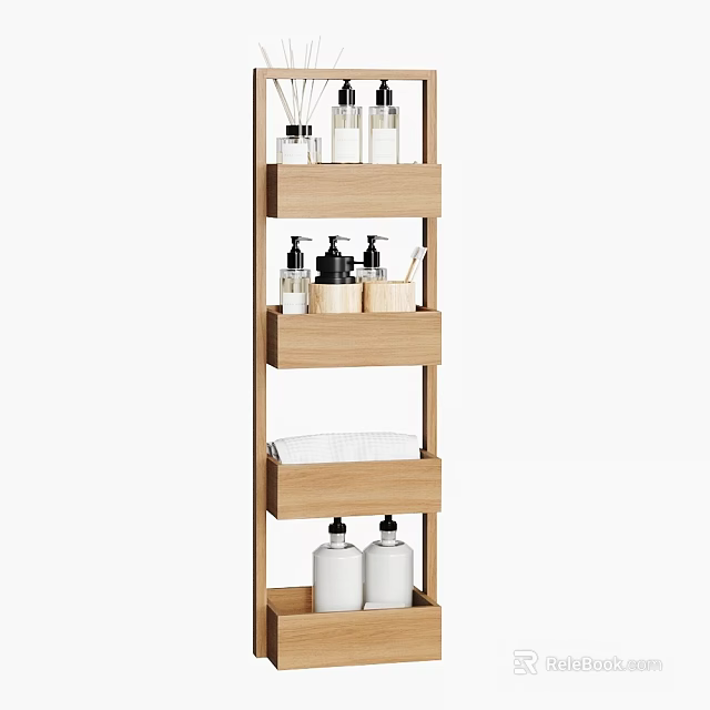 Bathroom Wooden Storage Shelf with Multi Tiered Design Holding Toiletries Bottles Cups and Towel 3d model 