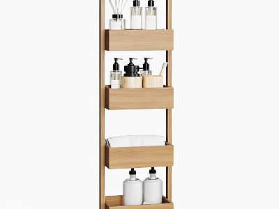 Bathroom Wooden Storage Shelf with Multi Tiered Design Holding Toiletries Bottles Cups and Towel 3d model