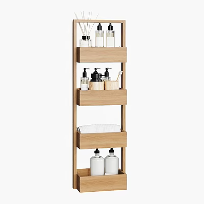 Bathroom Wooden Storage Shelf with Multi Tiered Design Holding Toiletries Bottles Cups and Towel 3d model