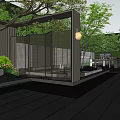 Modern Garden Courtyard Design With Wooden Pavilion Water Feature Greenery And Stone Patio