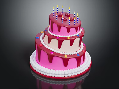 Two Tiered Birthday Cake With Pink Frosting Drizzle White Bead Border Colorful Sprinkles And Candles 3d model