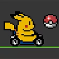 Pixel Art Yellow Character Riding Cart On Colorful Pixel Ground With Floating Pokeball