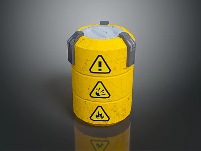 Yellow Cylindrical Container With Warning Signs And Gray Edges On Dark Background 3d model