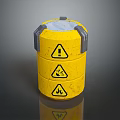 Yellow Cylindrical Container With Warning Signs And Gray Edges On Dark Background