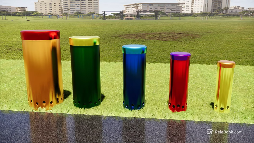 Colorful Cylindrical Musical Instruments and Art Supplies Placed on Grassy Field with Tall Buildings 3d model 