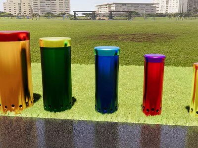 Colorful Cylindrical Musical Instruments and Art Supplies Placed on Grassy Field with Tall Buildings 3d model