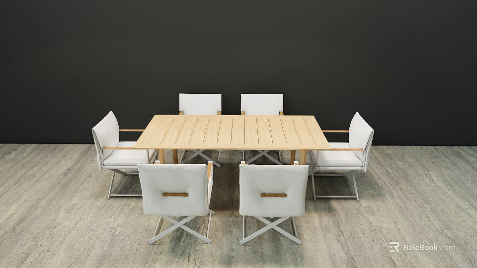 Modern Wooden Dining Table Set With Six White Chairs And Simple Design 3d model 