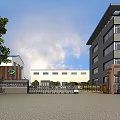 Industrial Entrance Gate with Factory Office Building Green Trees Under Blue Sky White Clouds