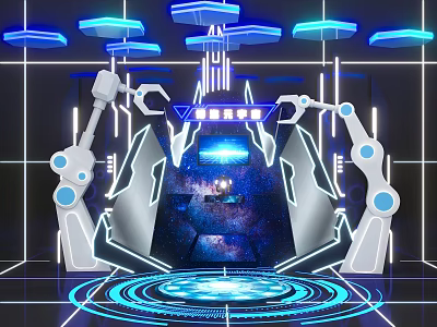Futuristic Photo Spot With Robot Arms And Neon Lights 3d model