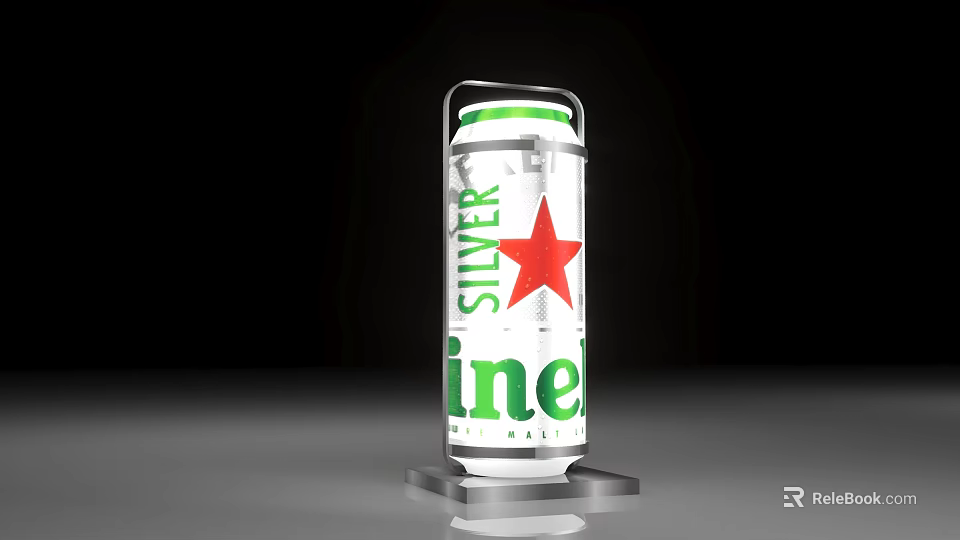 Silver Line Aluminum Can With Red Star Design On Display Stand 3d model 