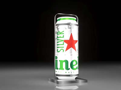 Silver Line Aluminum Can With Red Star Design On Display Stand 3d model