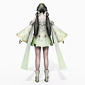 Anime Style Game Character In Green Dress With Gold Floral Patterns