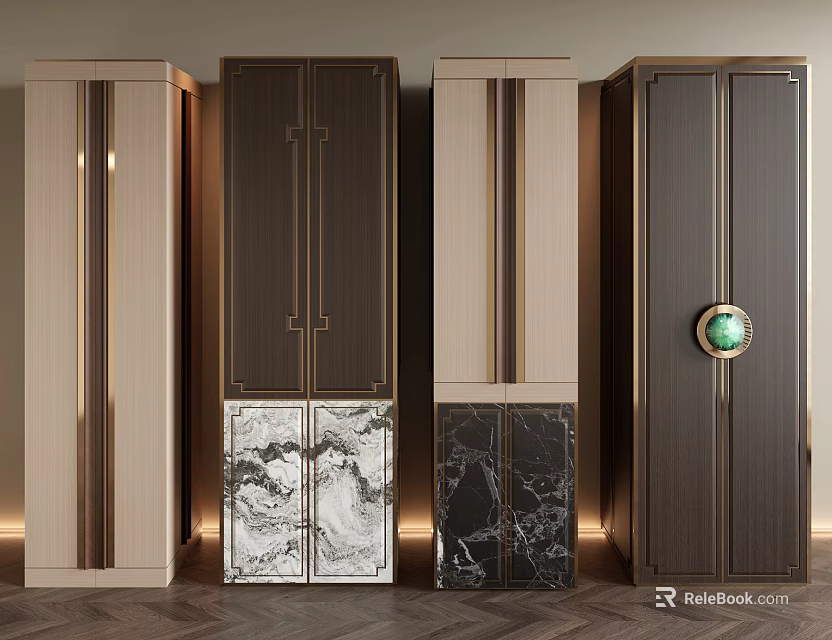 Modern Luxury Columns with Wood Marble Metal Accents and Green Gemstone Detail 3d model 