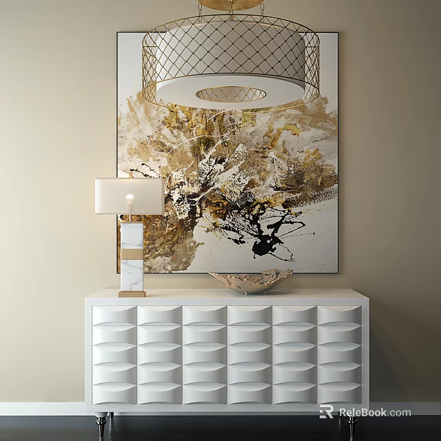 Modern White Entryway Console Cabinet With Drawers Table Lamp And Abstract Painting 3d model 