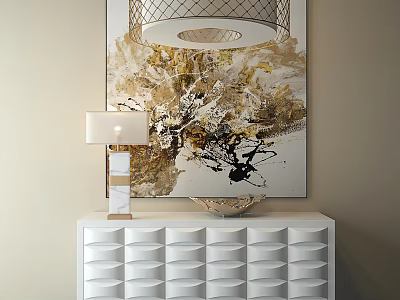 Modern White Entryway Console Cabinet With Drawers Table Lamp And Abstract Painting 3d model