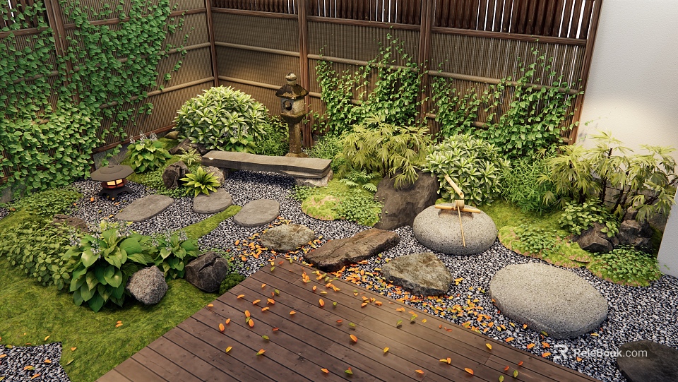 Zen Courtyard Garden Design With Stone Path Wooden Fence Green Plants And Pebbles 3d model 