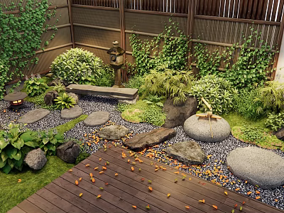 Zen Courtyard Garden Design With Stone Path Wooden Fence Green Plants And Pebbles 3d model