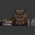 Durable Brown Leather Backpack With Metal Buckles Books Knife And Bottles