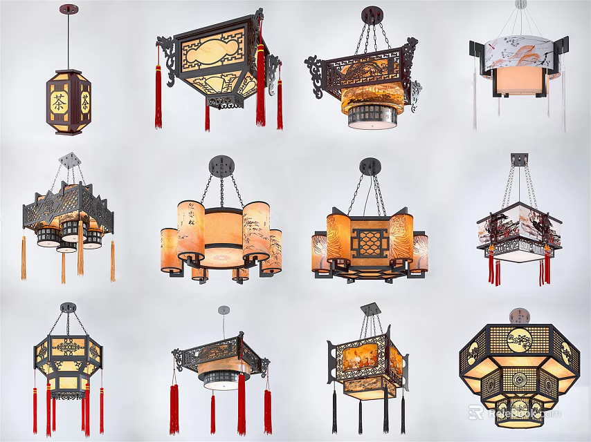 Traditional Chinese Style Chandeliers With Intricate Patterns Tassels And Various Shapes 3d model 