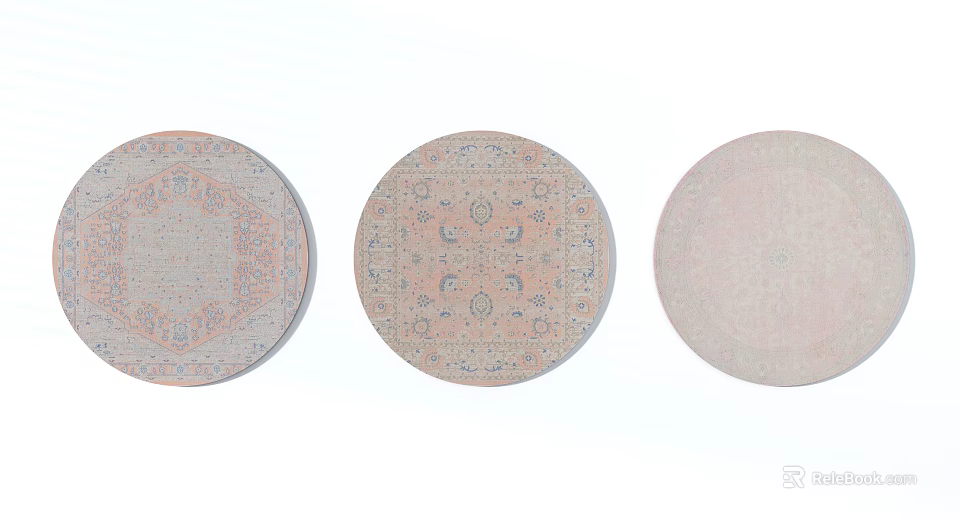 Three Decorative Round Rugs With Intricate Traditional Patterns And Soft Tones 3d model