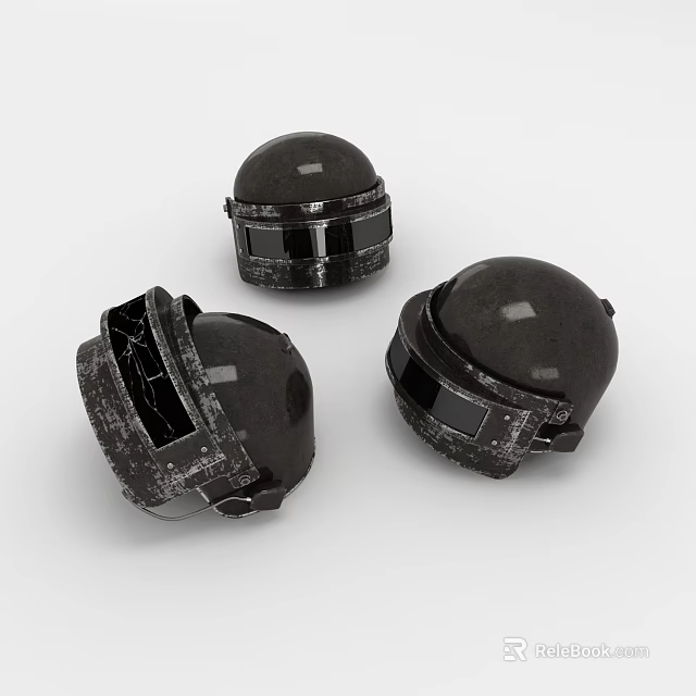 Three Black Tactical Helmets With Worn Texture And Military Style Design 3d model