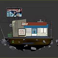 Cartoon Scene Featuring Cute Diner Building With Neon Sign Blue Red Roof And Stone Platform