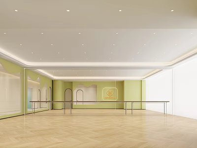 Spacious Interior With Light Green Walls And Wooden Flooring 3d model