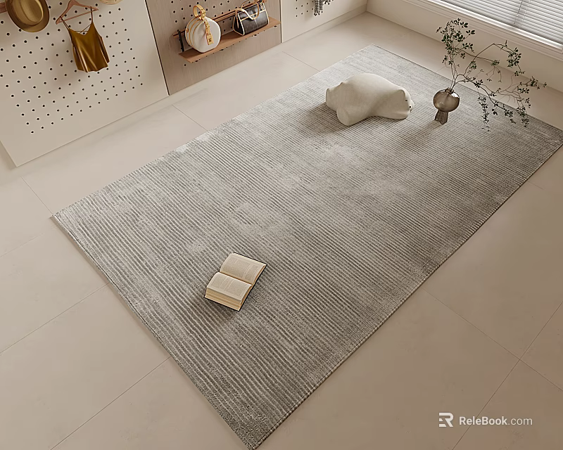 Gray Square Rug in Cozy Interior with Book Pillow and Decorative Plant Vase 3d model 