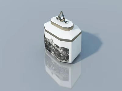Swing Door Decorative Box In White Hexagonal Design With Metal Handle And Architectural Print 3d model