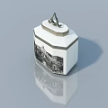 Swing Door Decorative Box In White Hexagonal Design With Metal Handle And Architectural Print
