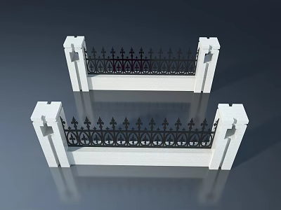 White Frame Swing Door With Black Wrought Iron Decor And Pillars 3d model