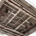 Industrial Pipes in Concrete Ceiling with Metal Structure and Red Cables Layout