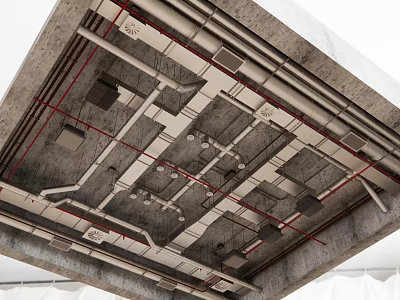 Industrial Pipes in Concrete Ceiling with Metal Structure and Red Cables Layout 3d model