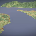 Scenic 3D Terrain Model Featuring Green Mountains Water Area Rolling Landforms and Lush Vegetation