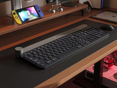 Wireless Computer Keyboard On Wooden Desk With Game Controller And Mouse 3d model