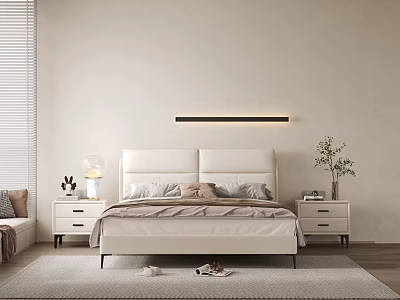 Upholstered White Double Bed with Nightstands Table Lamp and Wall Light in Modern Minimalist Bedroom 3d model