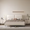 Upholstered White Double Bed with Nightstands Table Lamp and Wall Light in Modern Minimalist Bedroom