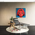 Black Lounge Chair With Wall Art Side Table Plant Round Rug And Red Balls