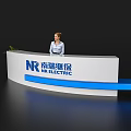 Elegant Modern Office Reception Desk With NR ELECTRIC Logo And Person Standing
