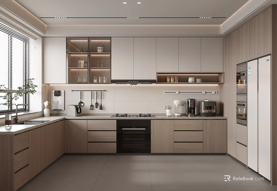 Modern Kitchen Interior Design With Wooden Cabinets White Countertop Storage Shelves And Appliances 3d model 