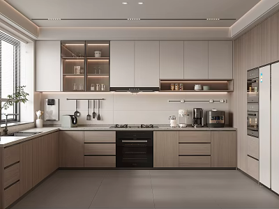 Modern Kitchen Interior Design With Wooden Cabinets White Countertop Storage Shelves And Appliances 3d model