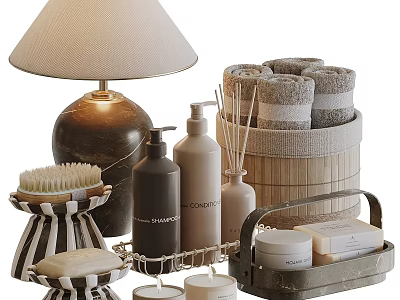 Essential Daily Wash Products With Bath Towels Body Wash Bottles Soap And Storage Containers 3d model