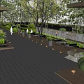 Modern Garden Landscape With Trees Canopy Paved Pathway Seating Stone Wall And Greenery
