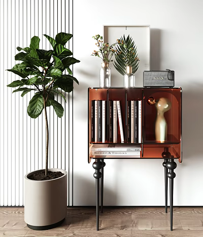Modern Transparent Acrylic Console Cabinet With Shelves Books Vase Figurine And Fiddle Leaf Fig Plant 3d model