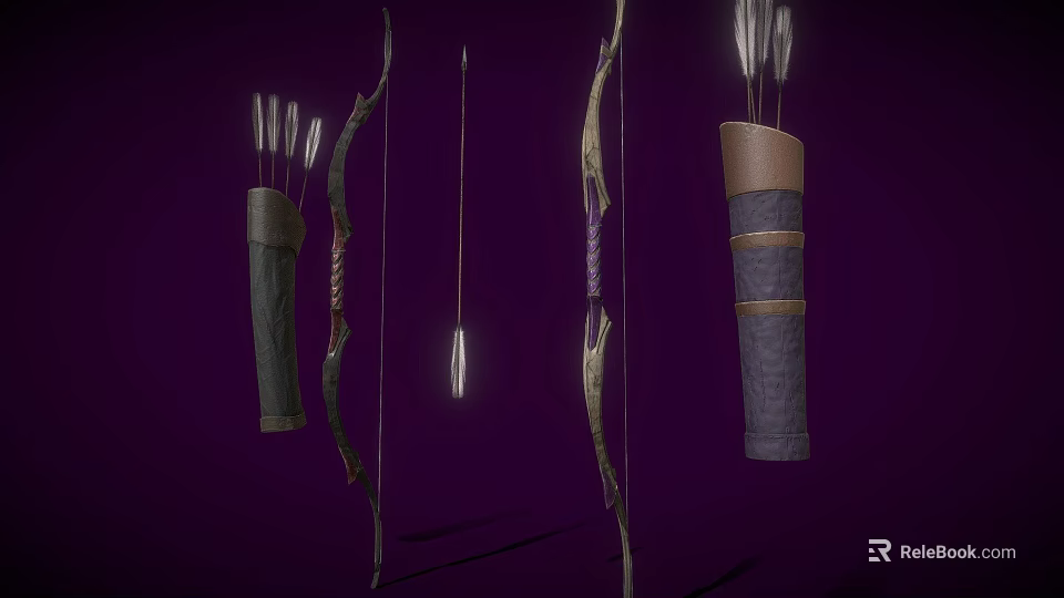Traditional Bow And Arrow Weapons Featuring Quivers Displayed On Purple Background 3d model 