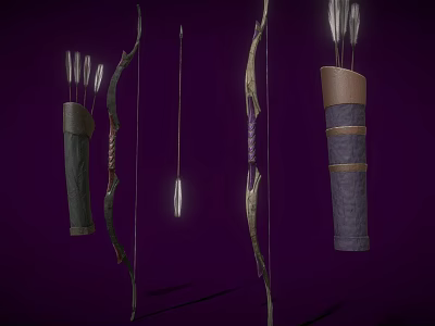 Traditional Bow And Arrow Weapons Featuring Quivers Displayed On Purple Background 3d model