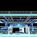 Modern Exhibition Booth Design With Blue Lighting Truss Structure LED Screens And YOY Logo