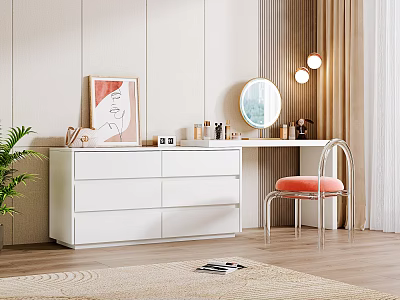 White Vanity Table with Drawers Round Mirror Pink Cushion Chair and Cosmetics in Modern Room 3d model